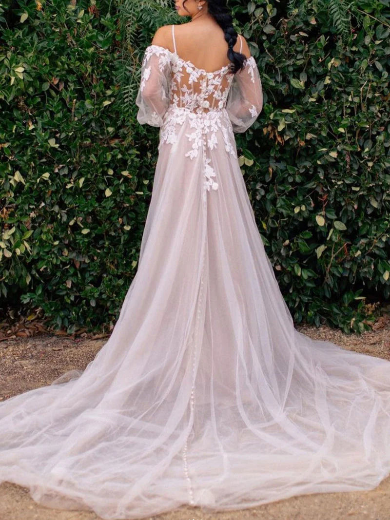 DingJiDress Prom Dresses Unique Neck Tulle Lace Long Applique Long Sleeve