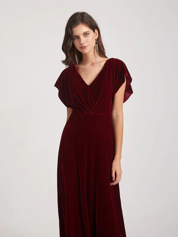DingJiDress Flutter Sleeve Open Back Velvet Bridesmaid Dresses