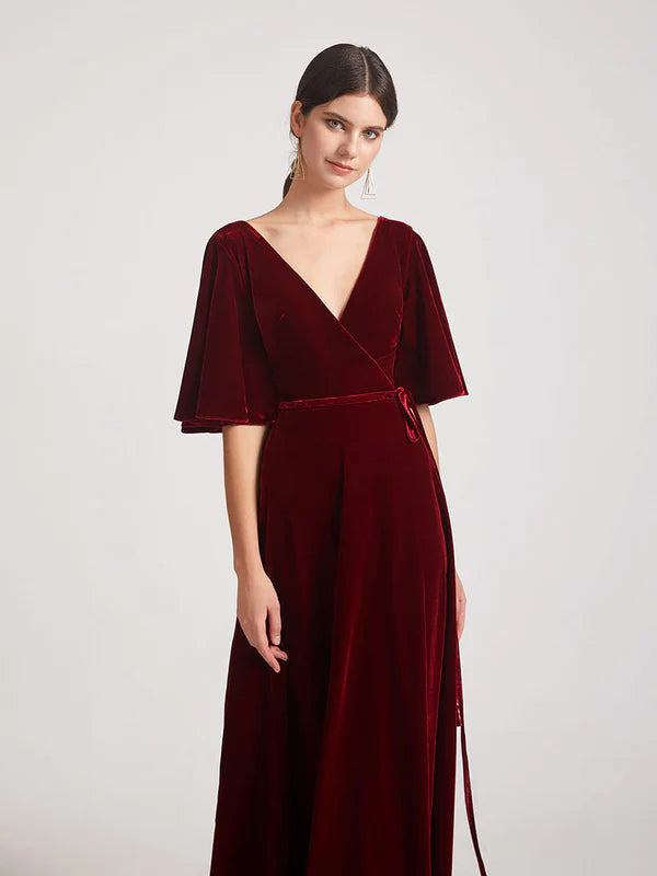 DingJiDress Elbow Length Flutter Sleeve Velvet Maxi Bridesmaid Dresses