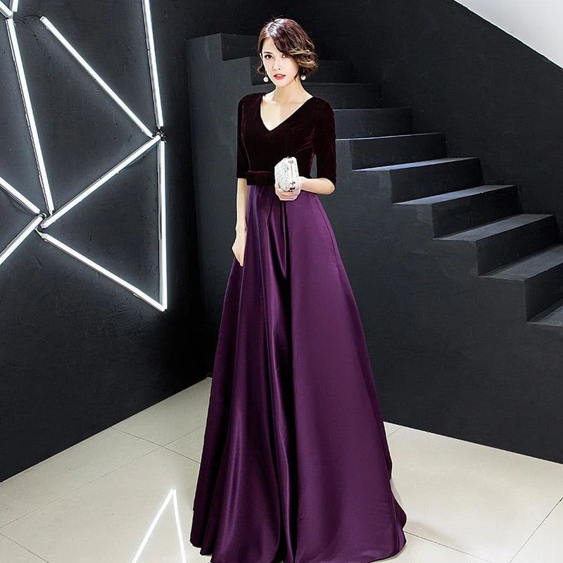 DingJiDress Prom Dresses Velvet & Satin A Line Long Sleeve V Neck With Bowknot