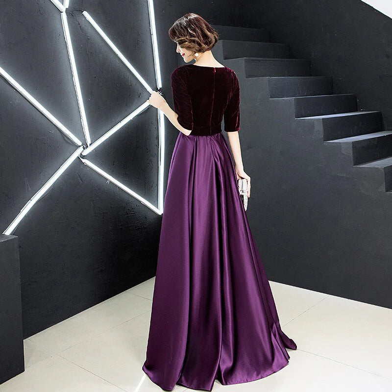 DingJiDress Prom Dresses Velvet & Satin A Line Long Sleeve V Neck With Bowknot