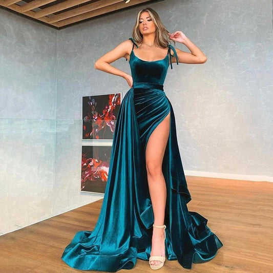 DingJiDress Prom Dresses Velvet Spaghetti Straps A Line Scoop Mermaid With Split
