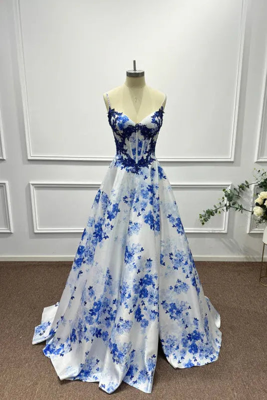 Vibrant A-Line Sweetheart Neck Sleeveless Floral Blue & White Maxi Prom Dress for Women Ready to Ship