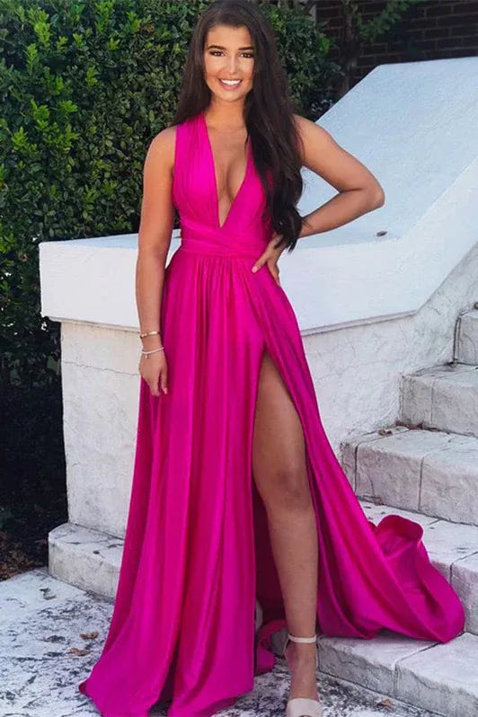Vibrant A-line Deep V Neck Hot Pink Slit Floor Prom Dress For Sale