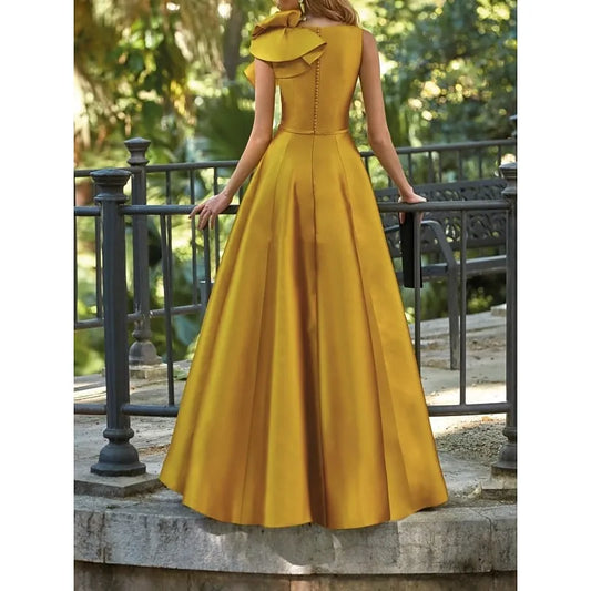 Vibrant A-line V-Neck Sleeveless Ruffled Mustard Yellow Floor-Length Prom Dress For Women