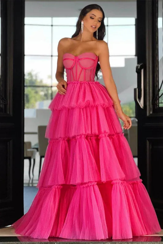 Vibrant Ball Gown Strapless Corset Tiered Hot Pink Floor Length Prom Dress For Women Hot Sale