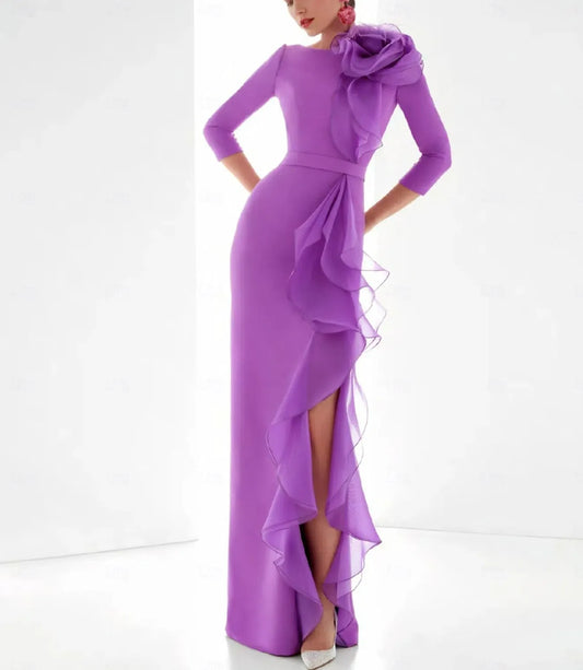 Vibrant Sheath Bateau-Neck 3/4 Sleeve Ruffled Violet Floor-Length Evening Dress For Women Ready To Ship