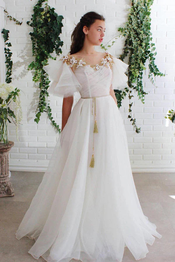 DingJiDress Prom Dresses Vintage A Line Chic Long White Short Sleeves Scoop Neck