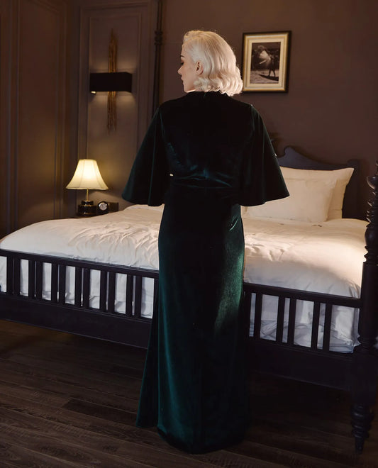Vintage A-Line Plunge V-Neck Half-Sleeve Velvet Emerald Floor-Length Evening Dress For Women Hot Sale