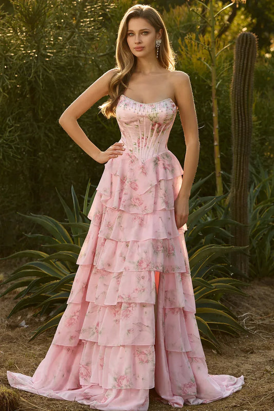 Vivid A-Line Strapless Floral Beaded Corset Tiered Ruffle Blush Prom Dress With Slit