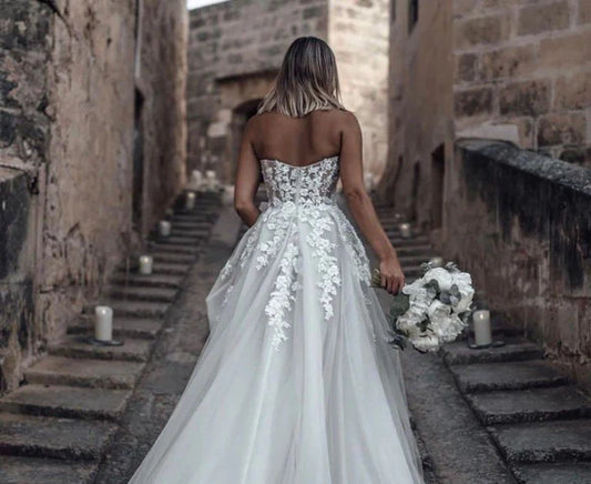 Floral Princess Bridal Gown Strapless Bohemian Wedding Dress