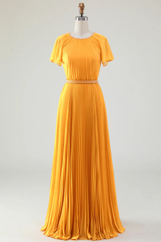 DingJiDress Yellow A Line Bridesmaid Dresses Round Neck Pleated Mother of Bride Dress With Short Sleeves