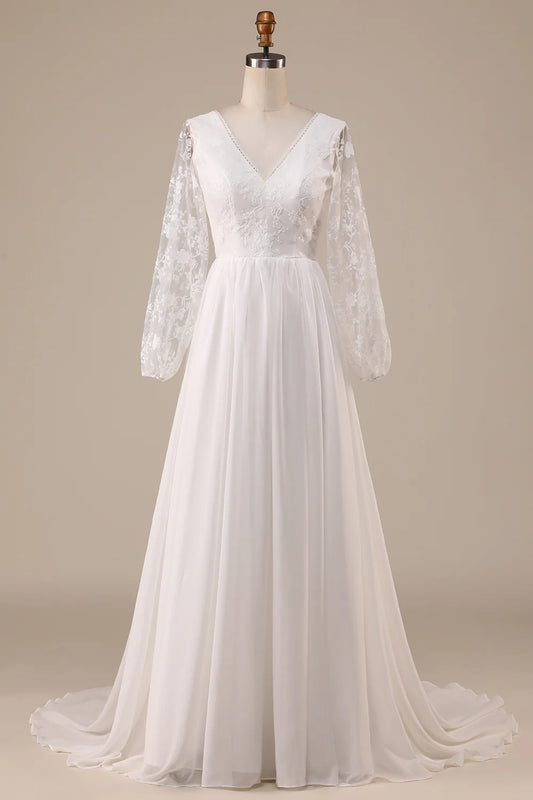 DingJiDress Ivory Chiffon Sweep Train Boho Wedding Dress with Lace