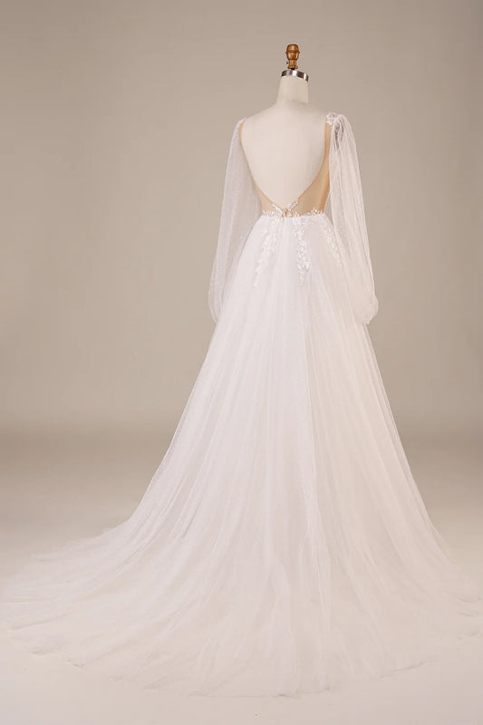 DingJiDress Long Sleeves Open Back Ivory Wedding Dress with Appliques