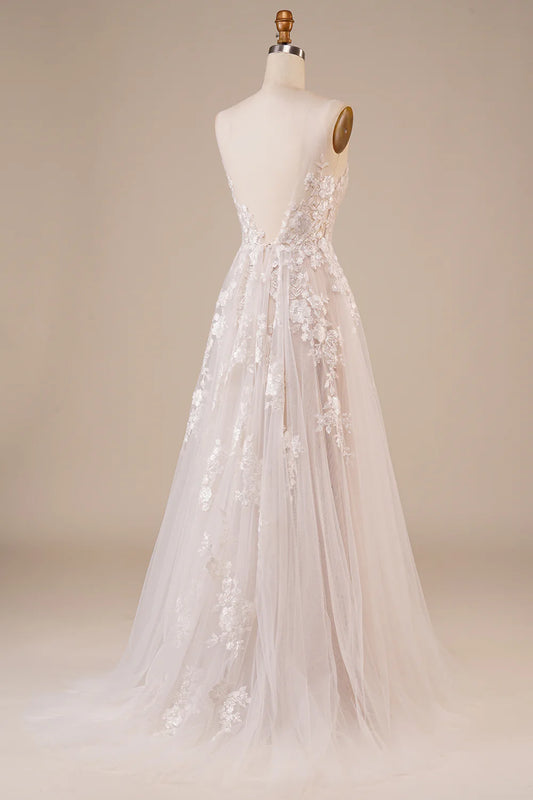 DingJiDress Tulle Backless Ivory Long Wedding Dress with Embroidery