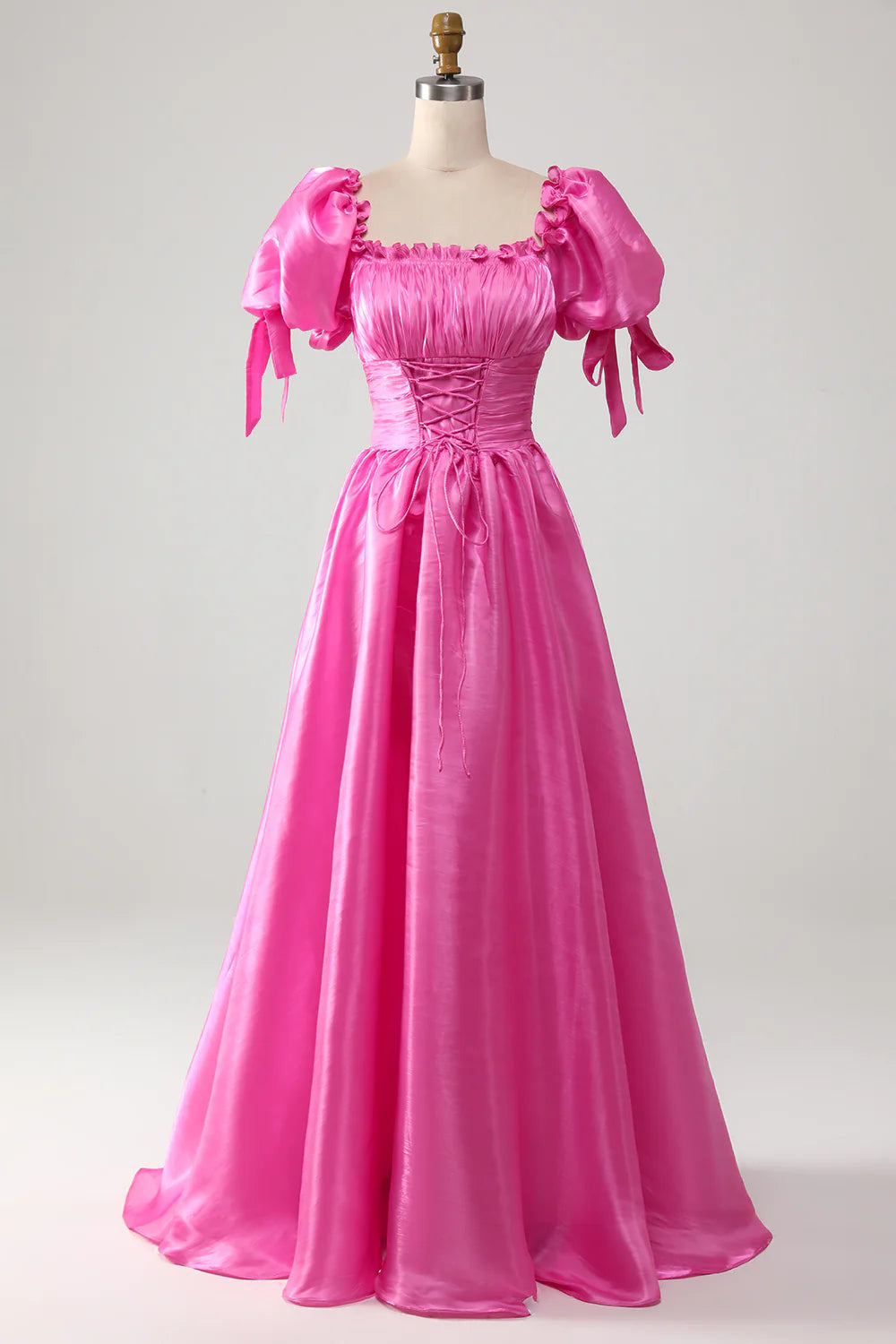 DingJiDress Puff Sleeves Hot Pink Prom Dress with Ruffles