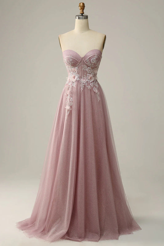 DingJiDress Grey Purple A Line Sweetheart Long Wedding Party Dress with Appliques