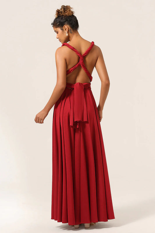 DingJiDress Burgundy A-Line Long Bridesmaid Dress Convertible Ruched Prom Dresses