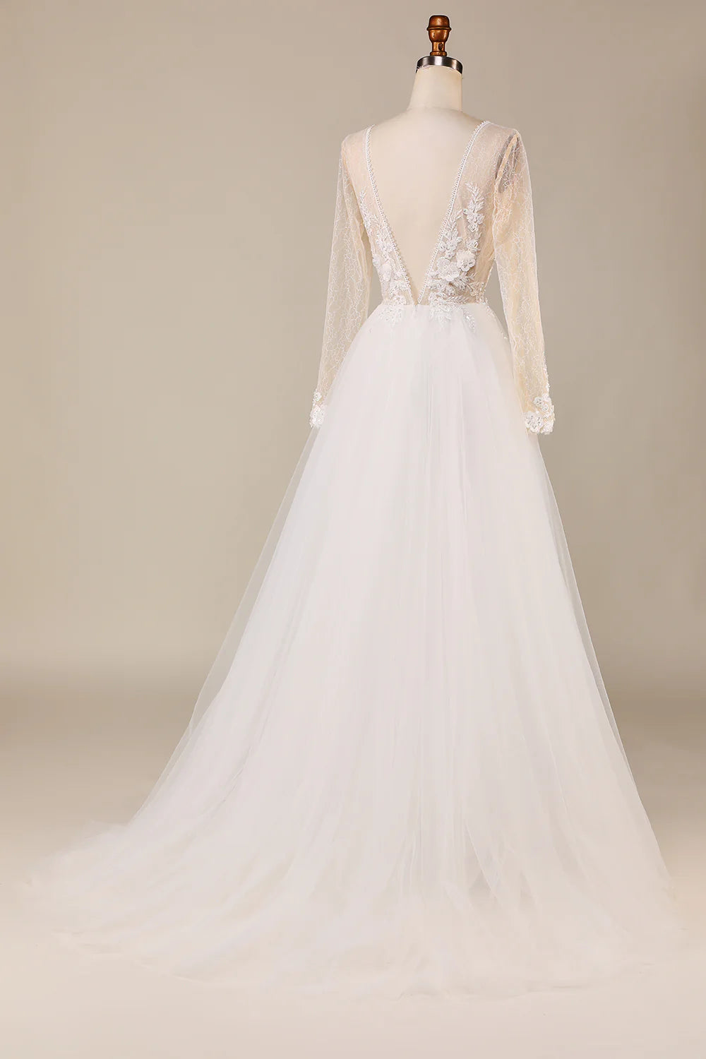DingJiDress A Line Deep V-Neck Ivory Tulle Sweep Train Wedding Dress with Lace