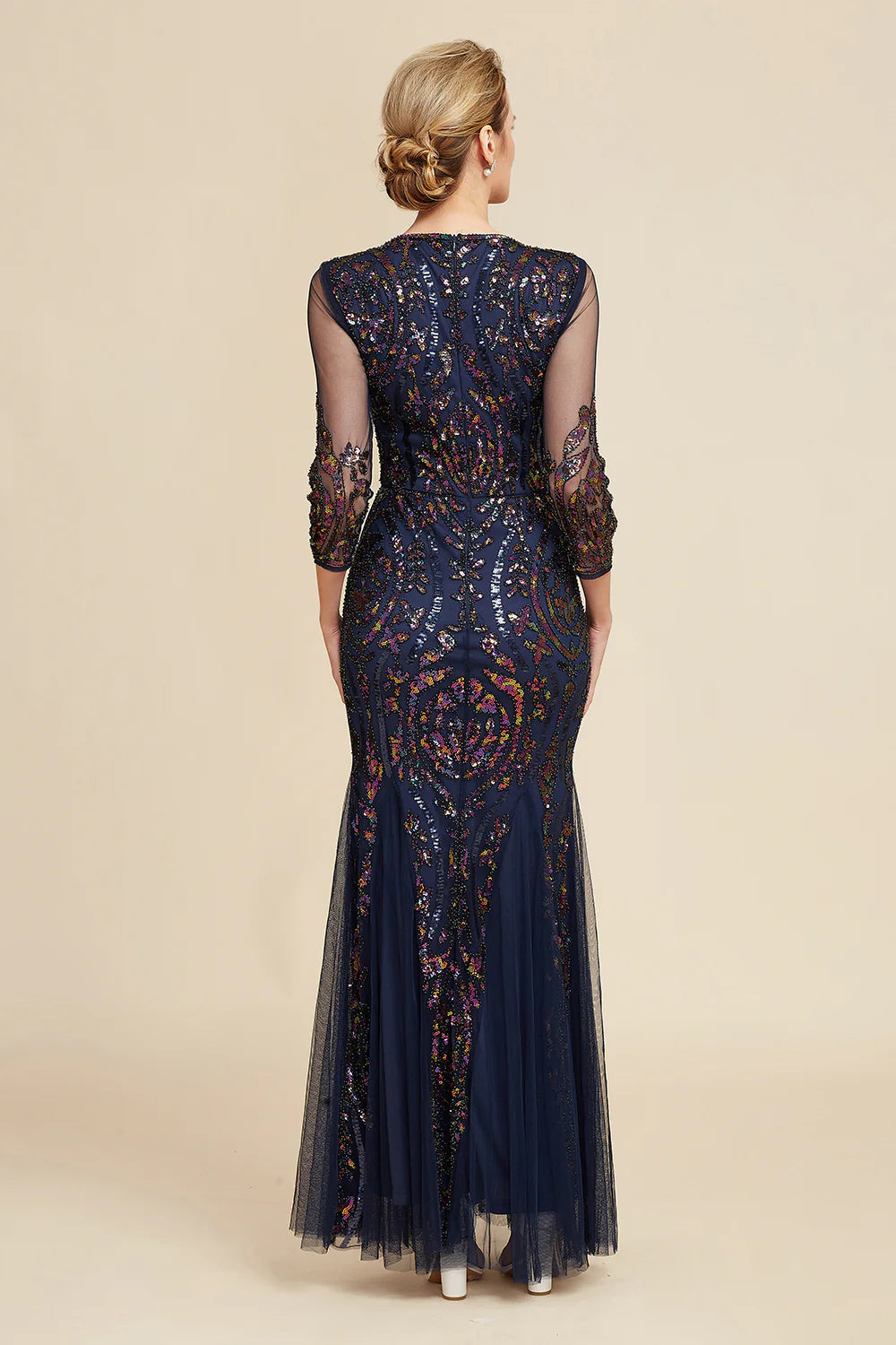DingJiDress Navy Mermaid Sequin Floor Length Mother of The Bride Dress with Long Sleeves Dress Wedding Guest