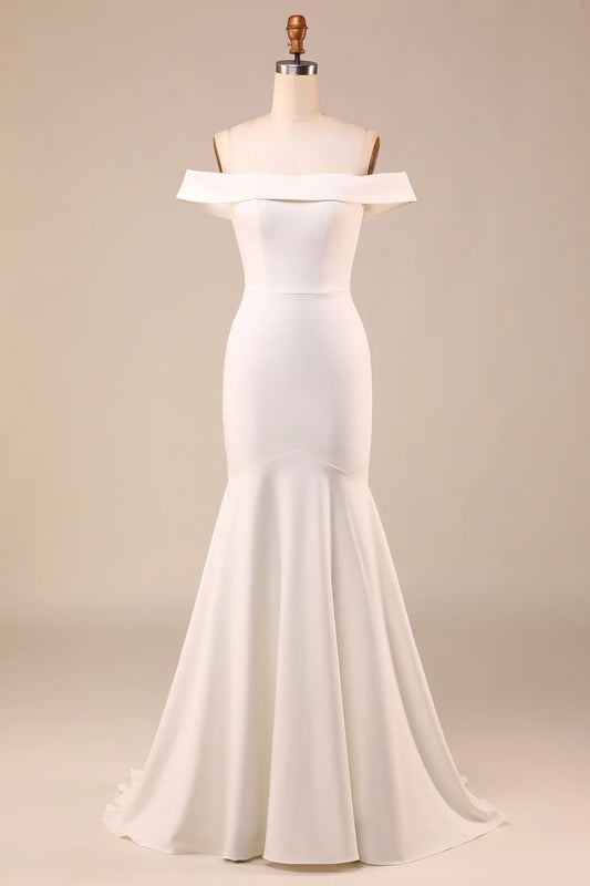 DingJiDress Simple Ivory Mermaid Lace-Up Back Long Wedding Dress