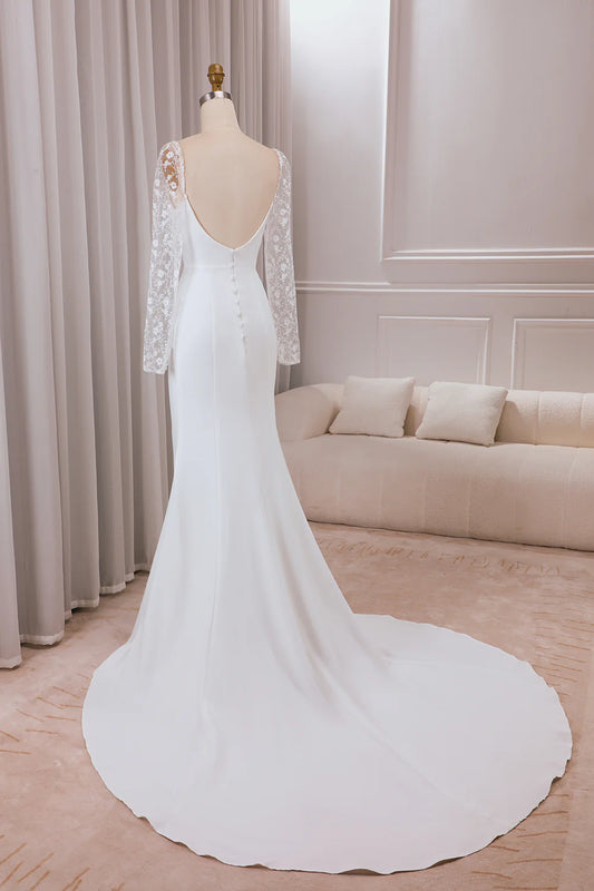 DingJiDress Ivory Trumpet Sweetheart Neck Satin Bridal Dress with Lace Long Sleeves