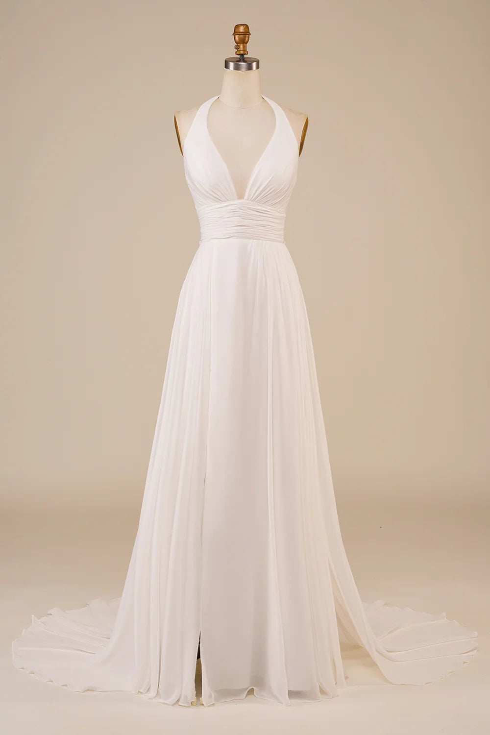DingJiDress A-Line Halter Ivory Sweep Train Wedding Dress with Slit
