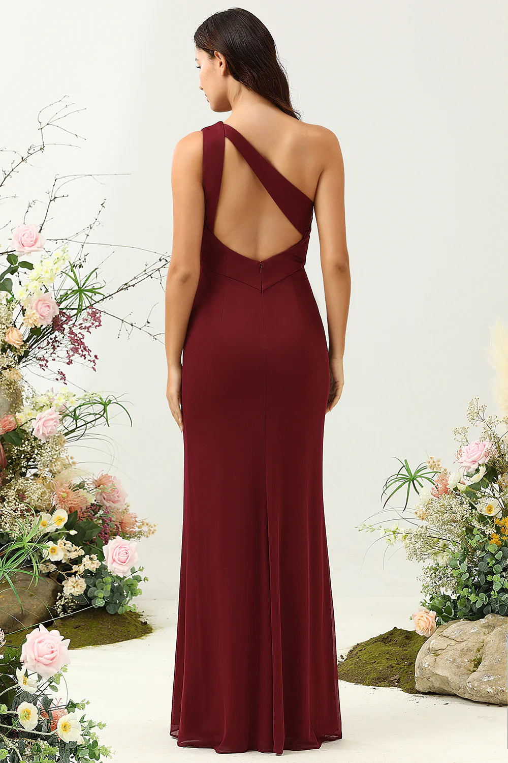 DingJiDress Burgundy Mermaid One Shoulder Chiffon Bridesmaid Dress with Slit