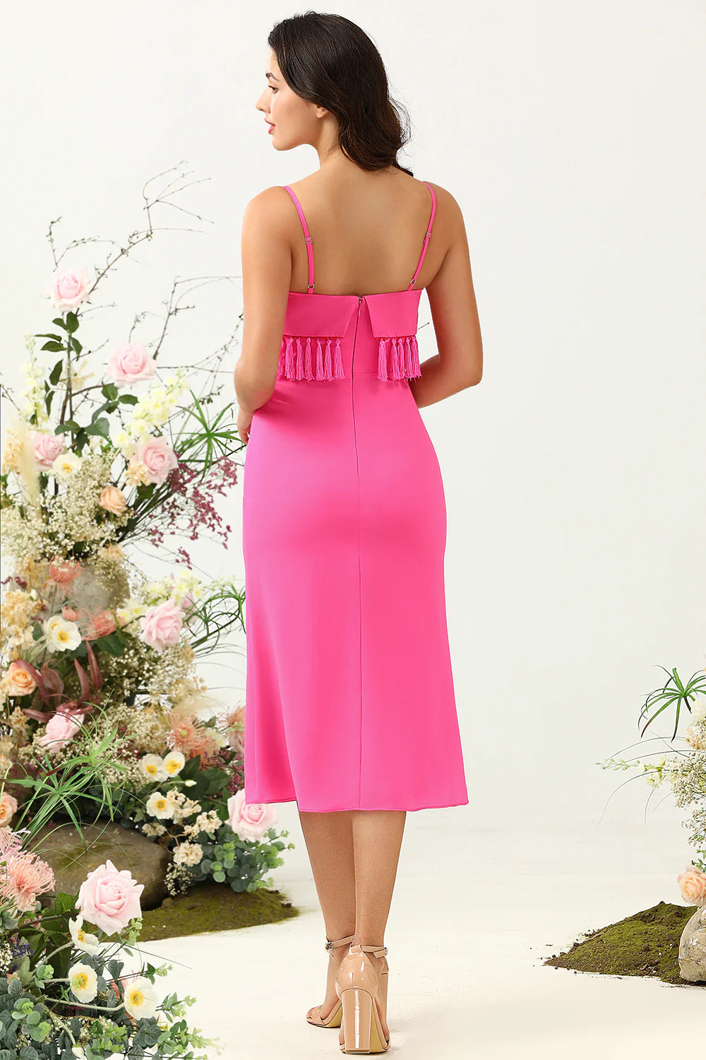 DingJiDress Hot Pink Sheath Spaghetti Straps Chiffon Wedding Guest Dress with Ruffles