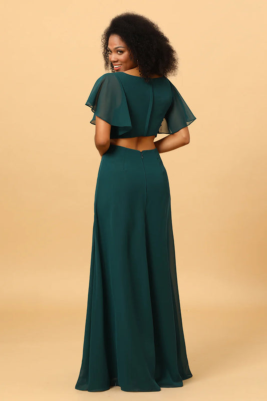 DingJiDress Pine V Neck Wedding Guest Dresses Short Sleeves Long Chiffon Bridesmaid Dress