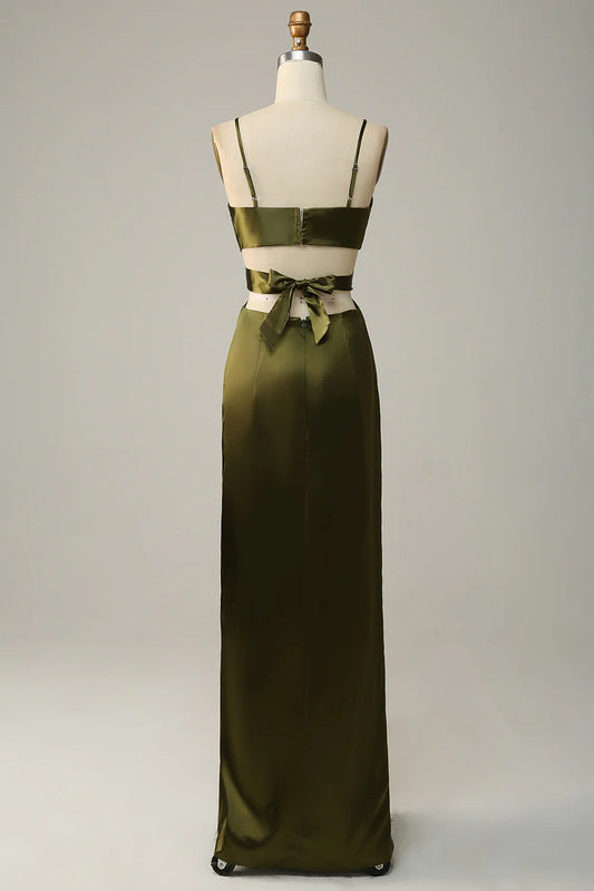 DingJiDress Olive Wedding Guest Dresses Sheath Spaghetti Straps Cut Out Satin Bridesmaid Dress