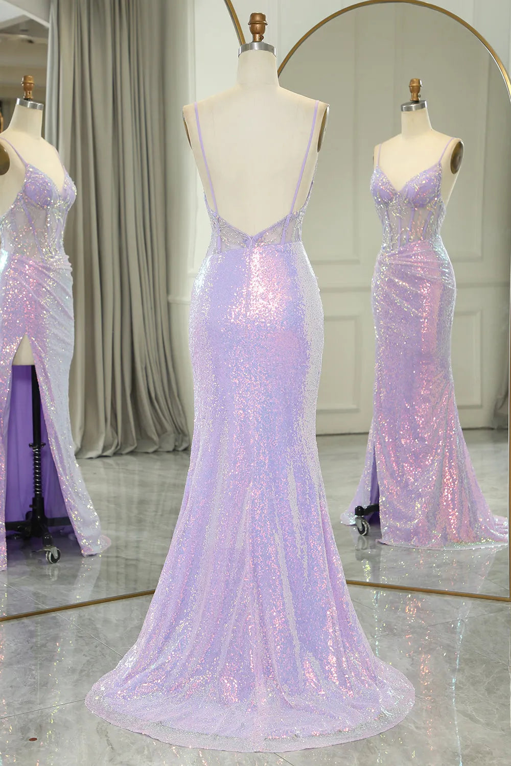 DingJiDress Glitter Light Purple Mermaid Backless Long Corset Prom Dress With Slit