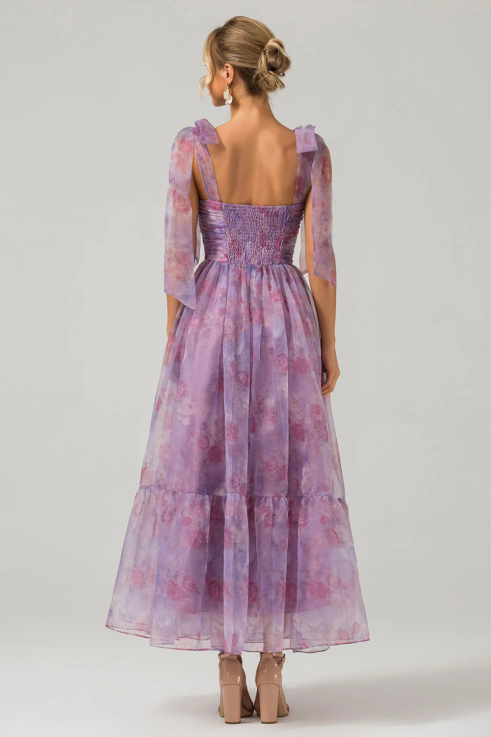DingJiDress Purple A Line Pleated Printed Tea-Length Bridesmaid Dress
