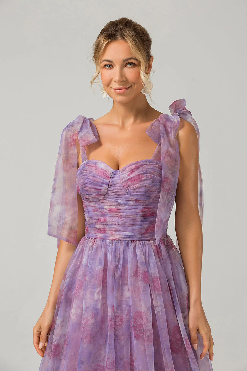 DingJiDress Purple A Line Pleated Printed Tea-Length Bridesmaid Dress