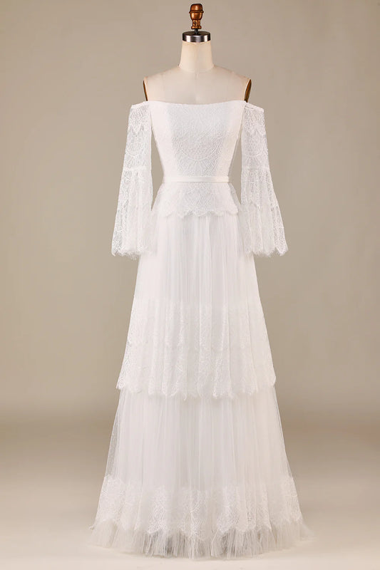 DingJiDress A Line Off the Shoulder Ivory Sweep Train Flare Sleeves Wedding Dress