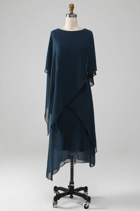 DingJiDress Elegant Fall Wedding Guest Dress November Navy A-Line Scoop Tea-Length Chiffon Mother of the Bride Dress