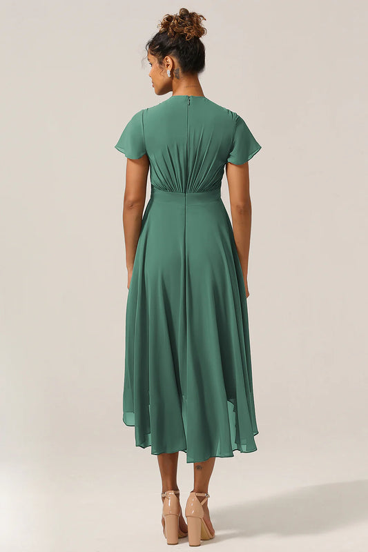 DingJiDress A Line Bridesmaid Dress V-Neck Short Sleeves Eucalyptus With Bow