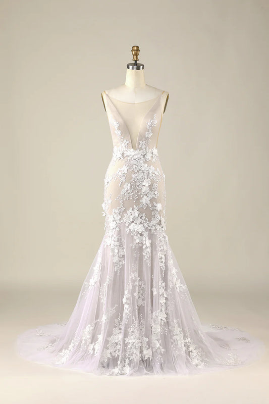 DingJiDress Ivory Mermaid Illusion Boat Neck Lace Wedding Dress
