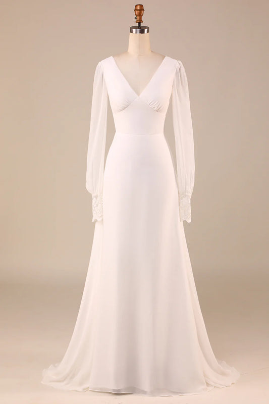 DingJiDress Ivory Long Sleeves Boho Chiffon Open Back Wedding Dress