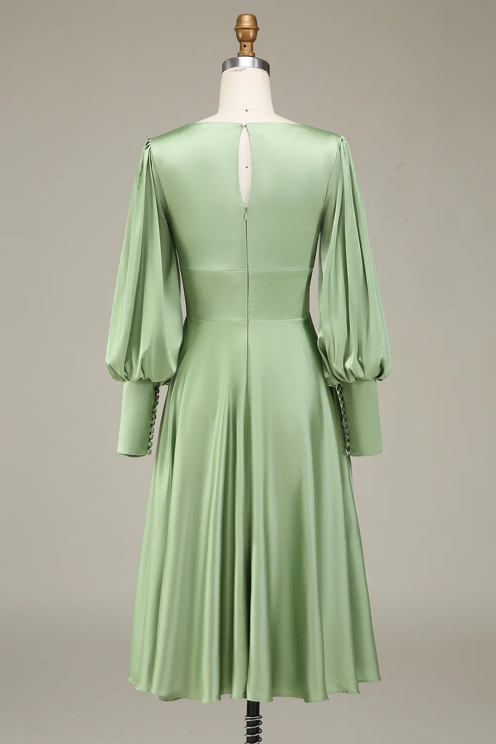 DingJiDress Matcha A-Line Prom Dresses V-Neck Midi-Length Bridesmaid Dress With Long Sleeves