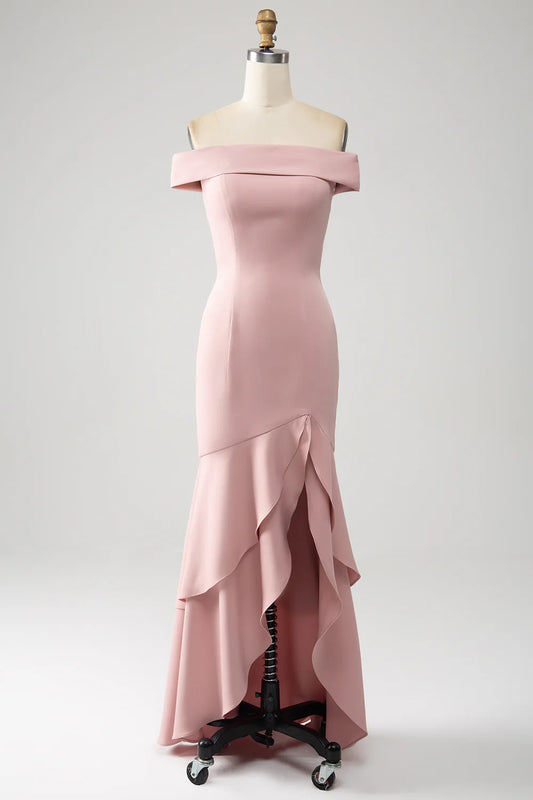 DingJiDress Elegant Bridesmaid Dresses Dusty Rose High Low Asymmetrical Off The Shoulder Party Dress Fall Wedding Guest Dress November