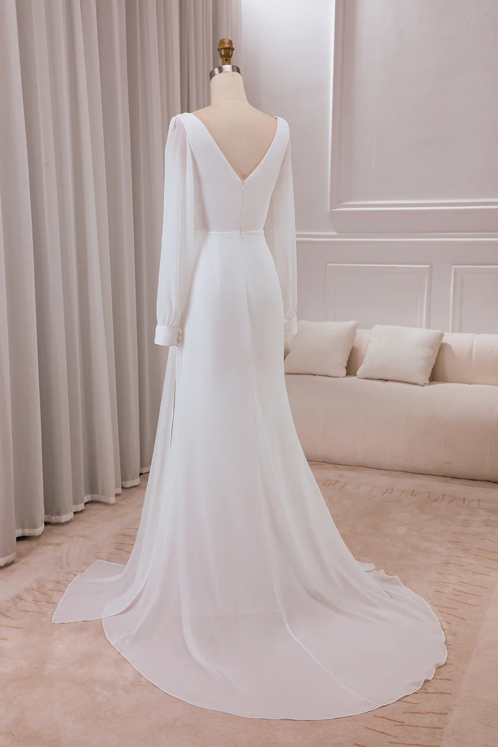 DingJiDress Ivory V-neck Long Sleeves A-line Chiffon Bridal Dress