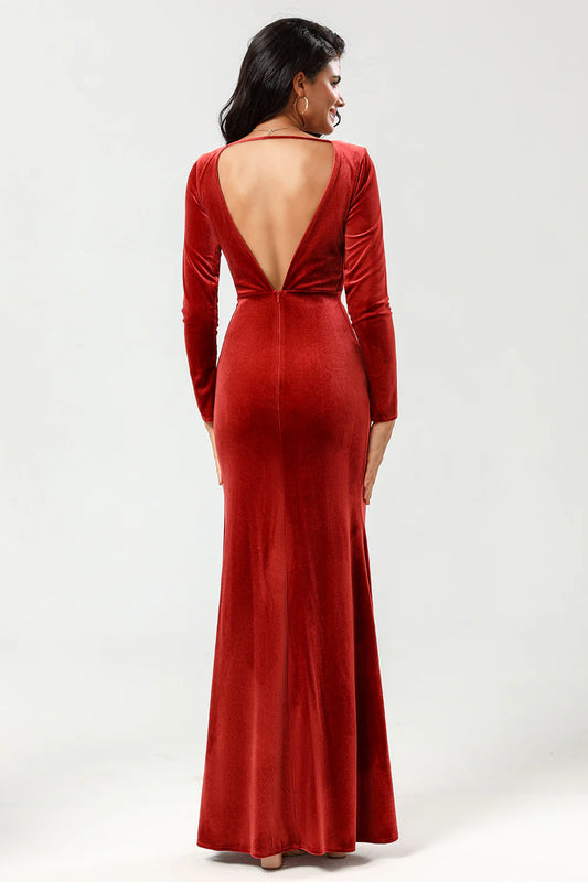 DingJiDress Elegant Velvet Mermaid Prom Dresses Terracotta Bridesmaid Dress with Long Sleeves