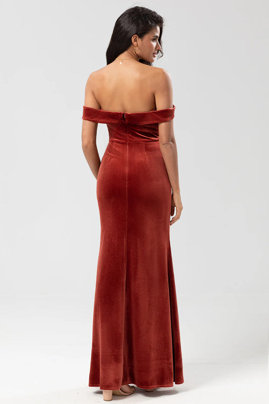 DingJiDress Elegant Prom Dresses Keeper of My Heart Mermaid Off the Shoulder Terracotta Velvet Bridesmaid Dress