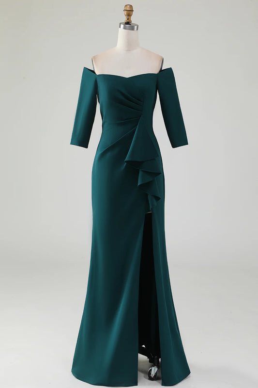 DingJiDress Dark Green Mermaid Off The Shoulder Cascading Ruffle Mother Of The Bride Dress December Wedding Guest Dress