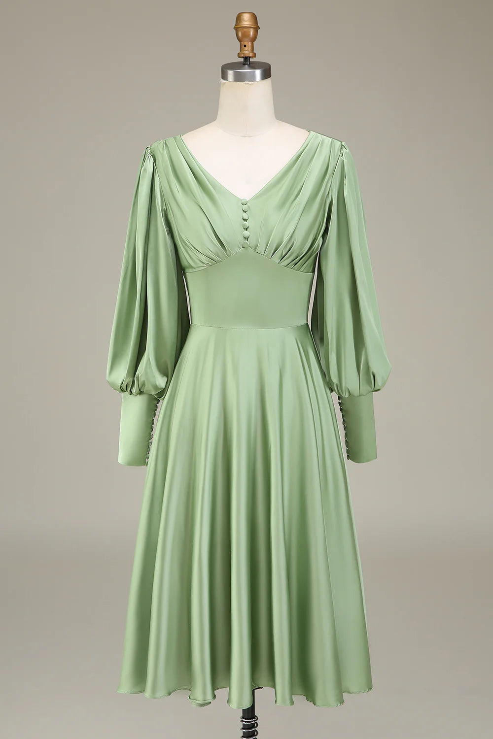 DingJiDress Matcha A-Line Prom Dresses V-Neck Midi-Length Bridesmaid Dress With Long Sleeves