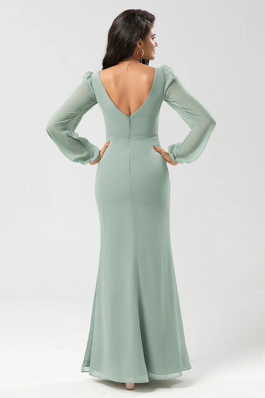DingJiDress Matcha Sheath V Neck Prom Dresses Chiffon Knotted Long Bridesmaid Dress with Slit