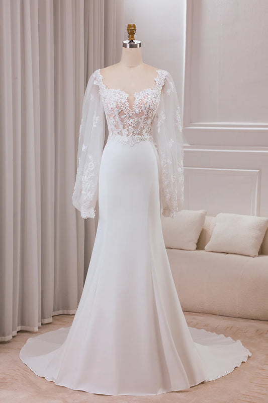 DingJiDress Ivory Lace Sweetheart Neck Long Sleeves Mermaid Wedding Dress with Sweep Train