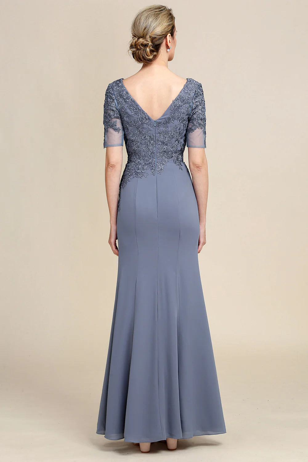 DingJiDress Grey Blue Mermaid Floor Length Chiffon Mother of Bride Dress With Appliques