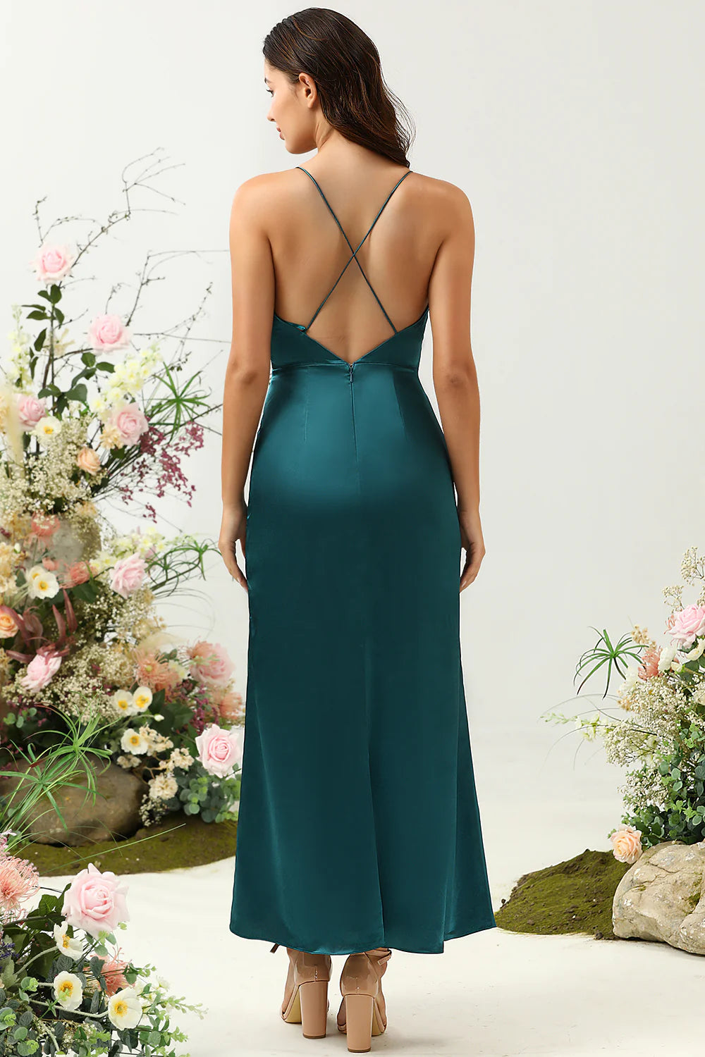 DingJiDress A Line Spaghetti Straps Dark Green Bright Satin Bridesmaid Dress with Open Back